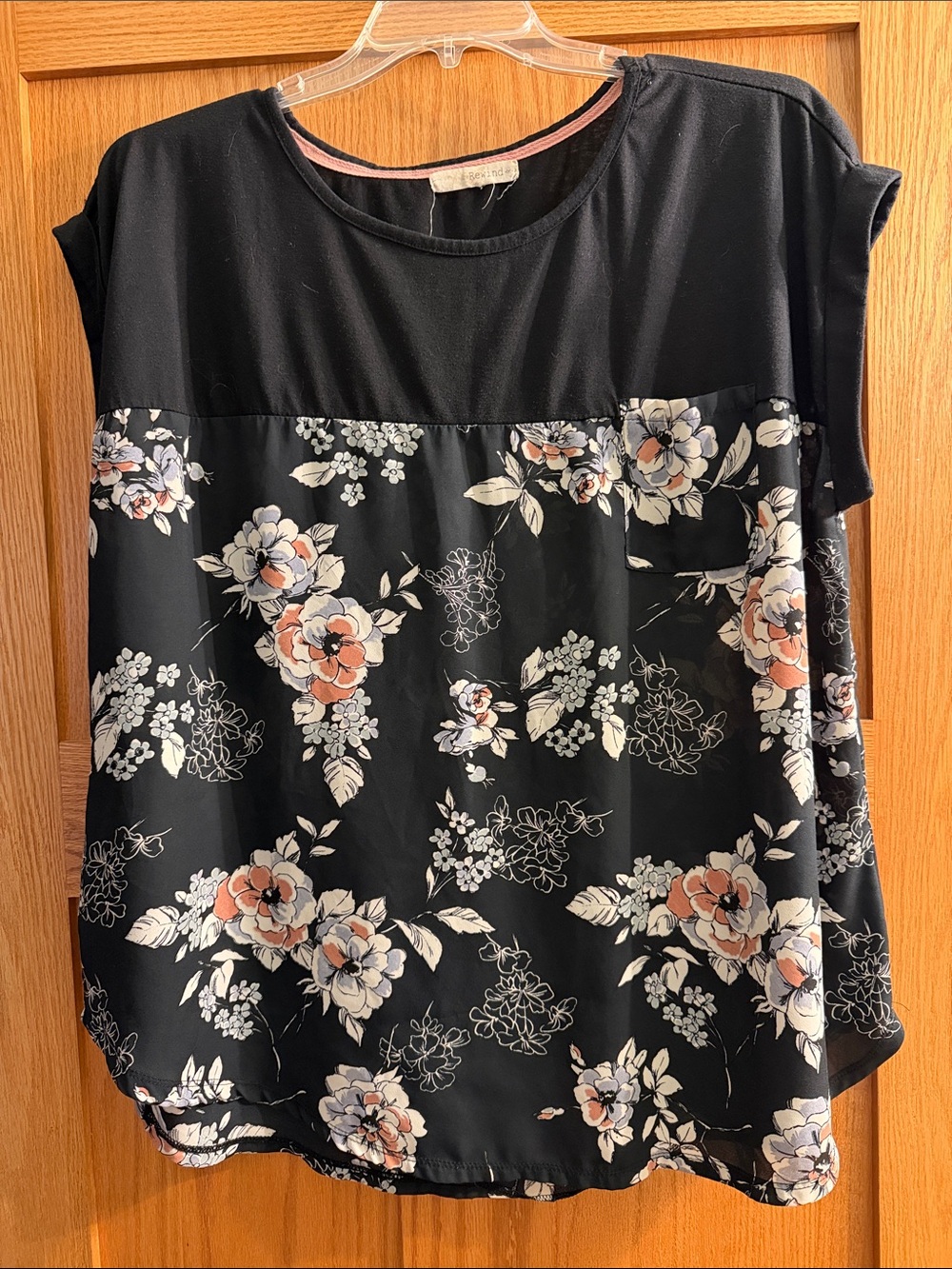 Rewind Black Floral Mixed-Media Short Sleeve Top